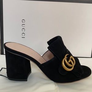 Gucci Suede GG Marmont Fringe Mid Heel Slide